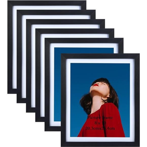 8x10 Black Picture Frames Set of 6, Display 8 x 10 Pictures with Mat and 9x11